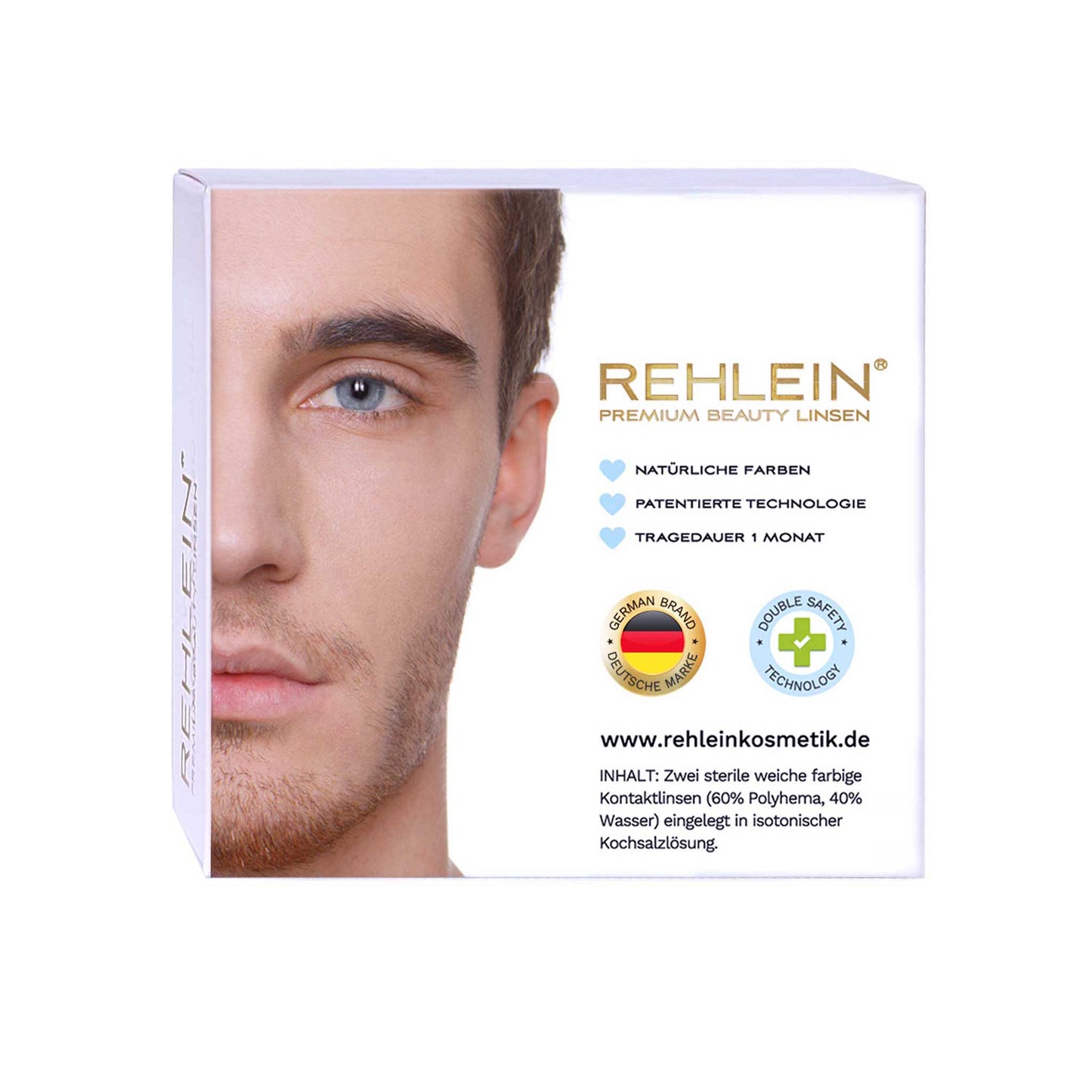 Rehlein Premium Beauty Linsen in der Farbe Himmelblau – Farbige Kontaktlinsen, Monatslinsen für den täglichen Gebrauch, Rückseite der Produktverpackung mit Männergesicht, Produktmerkmale: natürliches Design, hohe Deckkraft, ultra dünn, designed in Germany, doppelte Sicherheit