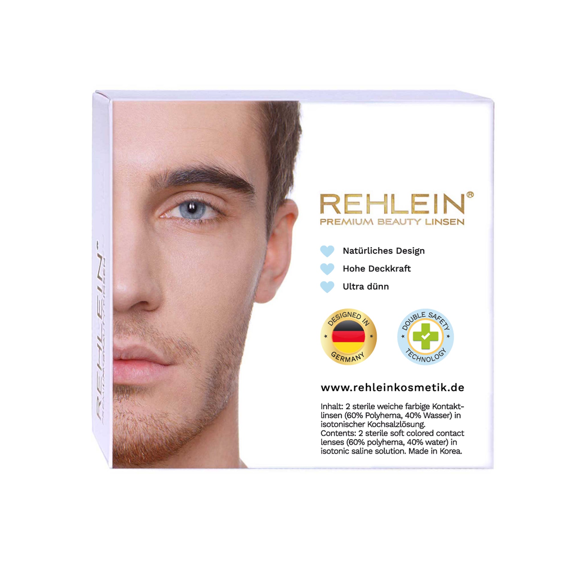 Rehlein Premium Beauty Linsen in der Farbe Waldgrün – Farbige Kontaktlinsen, Monatslinsen für den täglichen Gebrauch, Rückseite der Produktverpackung mit Männergesicht, Produktmerkmale: natürliches Design, hohe Deckkraft, ultra dünn, designed in Germany, doppelte Sicherheit