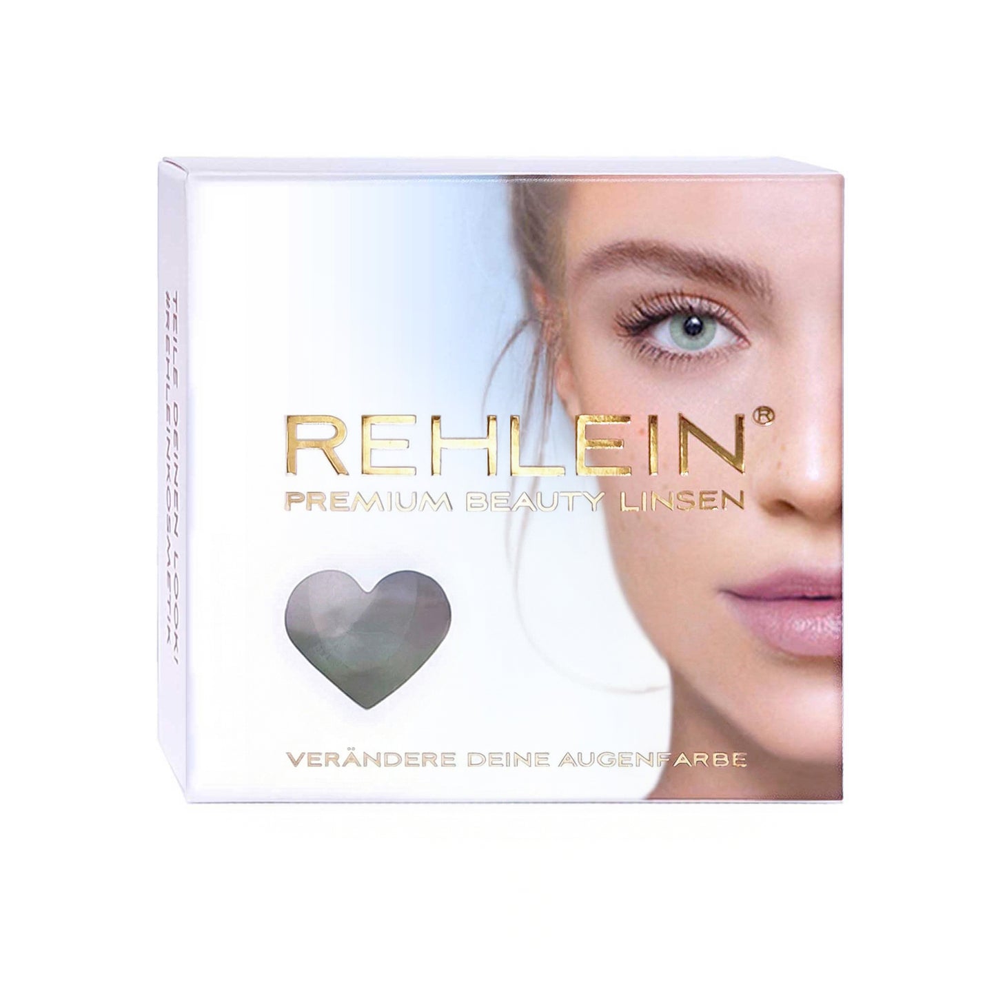 Rehlein Premium Beauty Linsen in der Farbe Waldgrün – Farbige Kontaktlinsen, Monatslinsen für den täglichen Gebrauch, Vorderseite der Produktverpackung mit goldenem Schriftzug und Frauengesicht, Aufdruck: "verändere Deine Augenfarbe"
