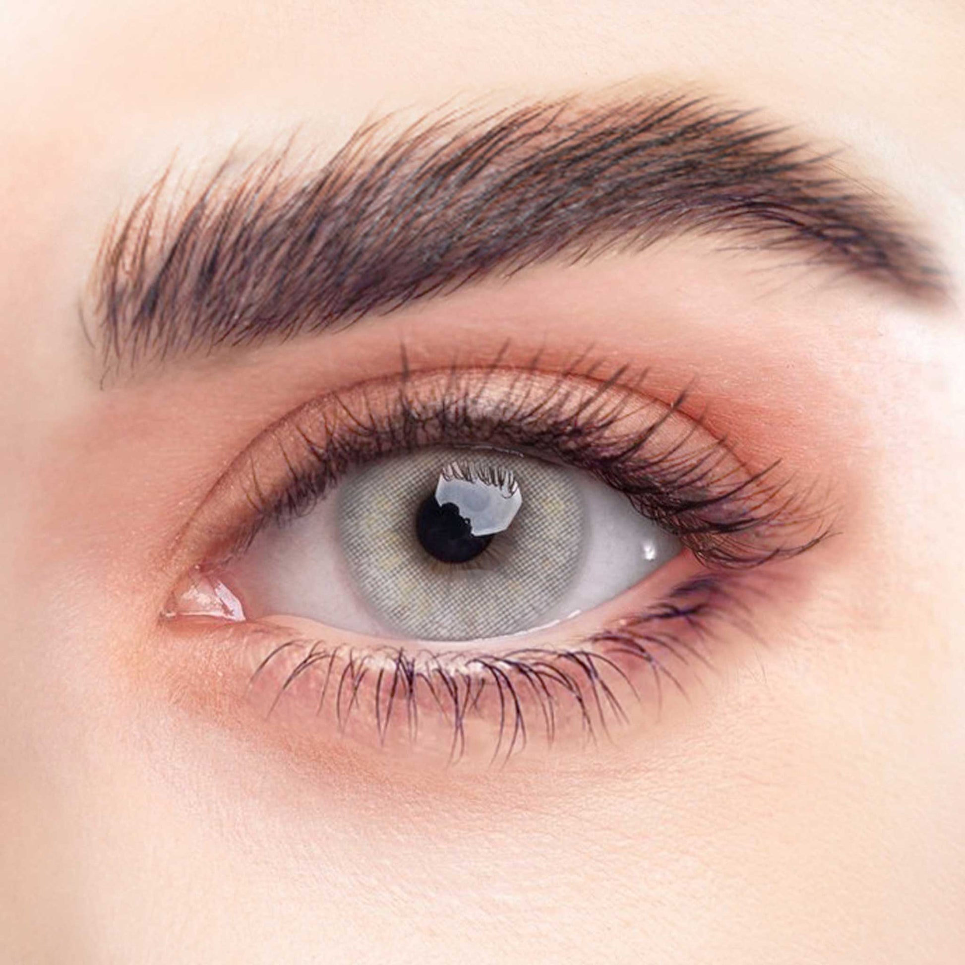 Rehlein Premium Beauty Linsen in der Farbe Eisgrau - farbige Kontaktlinsen, Monatslinsen für den täglichen Gebrauch, Nahaufnahme am Auge, natürliche Farbabdeckung