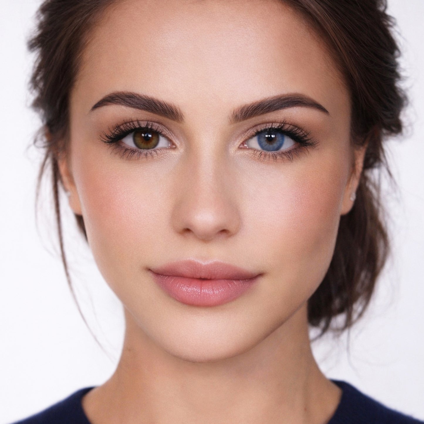 Rehlein farbige Kontaktlinsen in der Farbe Enzianblau – Portrait Vorher-Nachher, ein Auge ohne Linse, ein Auge mit Linse, natürlicher Farbeffekt 