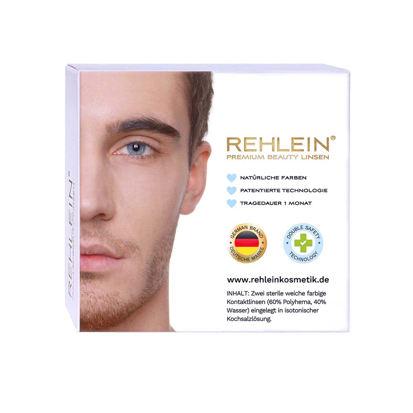 Rehlein Premium Beauty Linsen in der Farbe G – Farbige Kontaktlinsen, Monatslinsen für den täglichen Gebrauch, Rückseite der Produktverpackung mit Männergesicht, Produktmerkmale: natürliches Design, hohe Deckkraft, ultra dünn, designed in Germany, doppelte Sicherheitldbraun