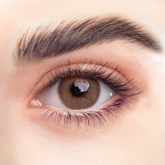 Rehlein Premium Beauty Linsen in der Farbe Haselnuss - farbige Kontaktlinsen, Monatslinsen für den täglichen Gebrauch, Nahaufnahme am Auge, natürliche Farbabdeckung