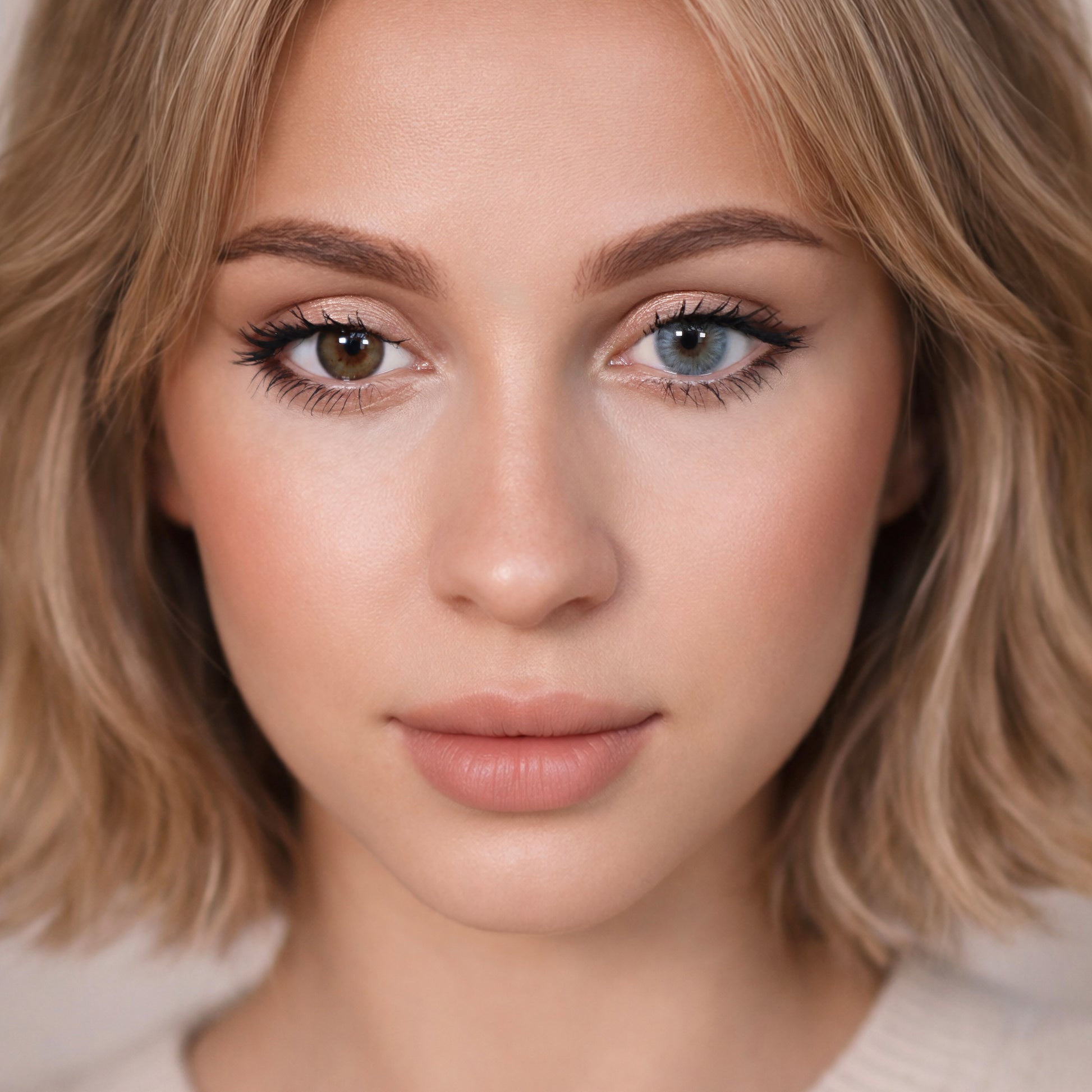 Rehlein farbige Kontaktlinsen in der Farbe Himmelblau – Portrait Vorher-Nachher, ein Auge ohne Linse, ein Auge mit Linse, natürlicher Farbeffekt 