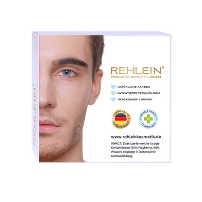 Rehlein Premium Beauty Linsen in der Farbe Himmelblau – Farbige Kontaktlinsen, Monatslinsen für den täglichen Gebrauch, Rückseite der Produktverpackung mit Männergesicht, Produktmerkmale: natürliches Design, hohe Deckkraft, ultra dünn, designed in Germany, doppelte Sicherheit