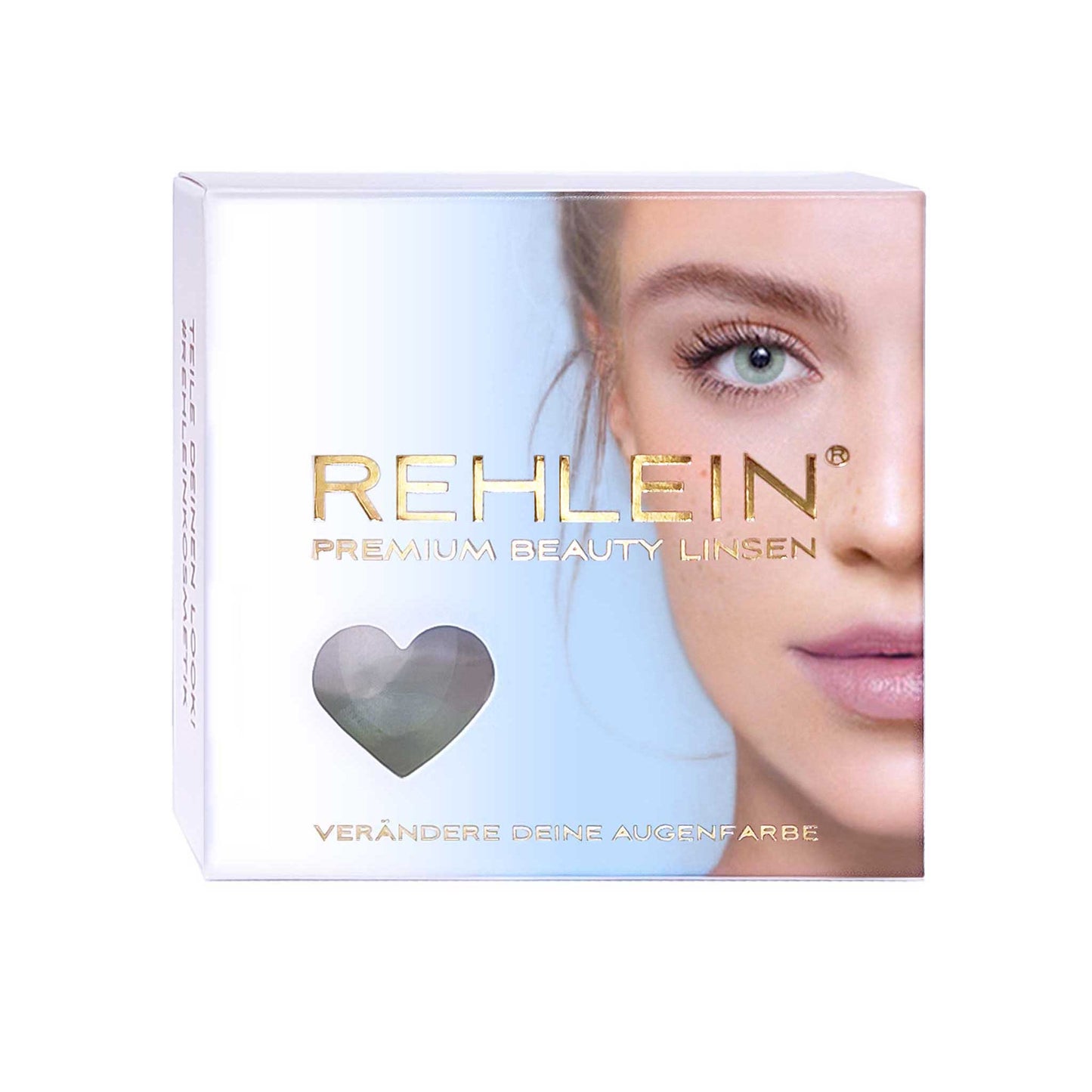 Rehlein Premium Beauty Linsen in der Farbe Himmelblau – Farbige Kontaktlinsen, Monatslinsen für den täglichen Gebrauch, Vorderseite der Produktverpackung mit goldenem Schriftzug und Frauengesicht, Aufdruck: "verändere Deine Augenfarbe"