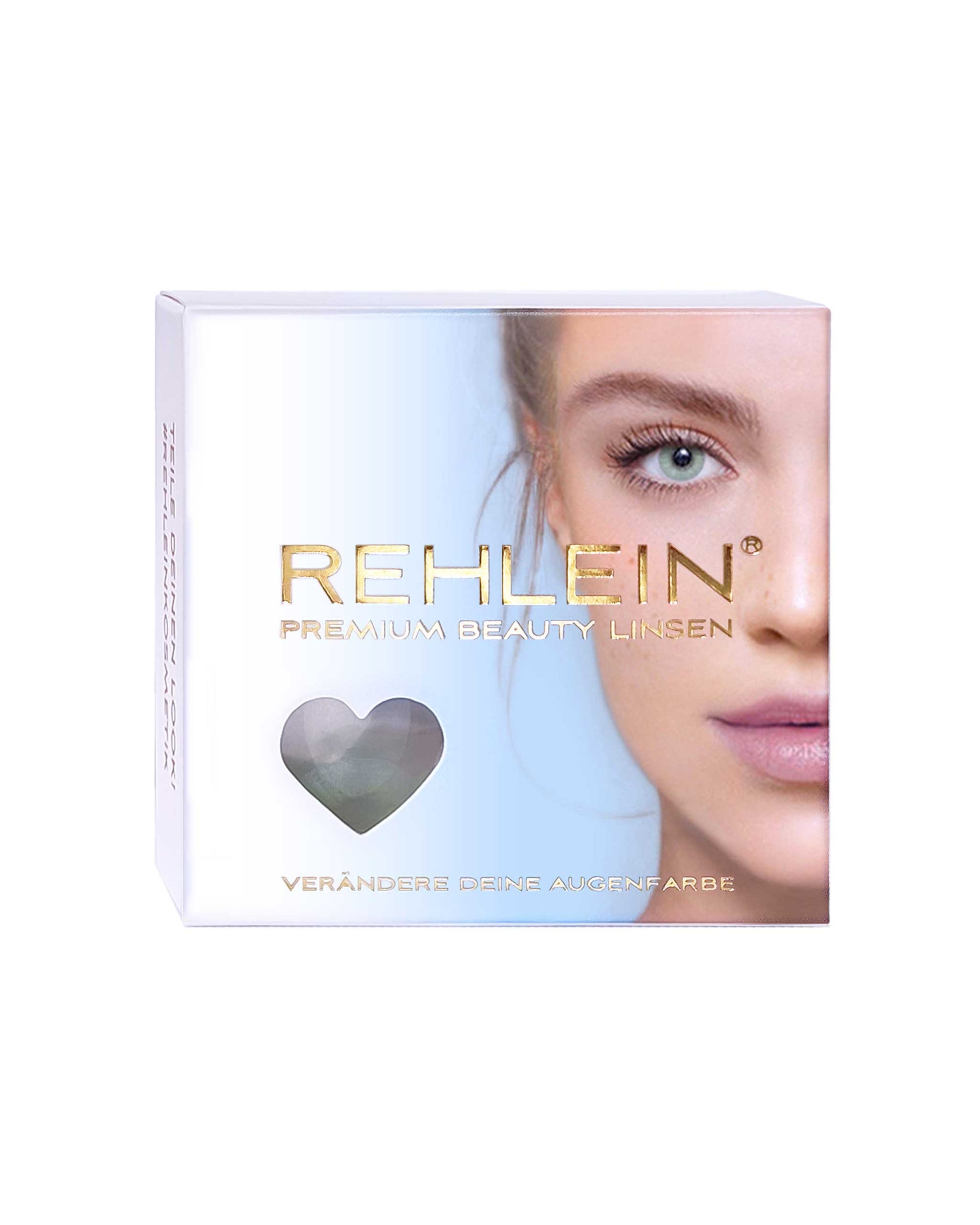 Rehlein Premium Beauty Linsen in der Farbe Stahlblau – Farbige Kontaktlinsen, Monatslinsen für den täglichen Gebrauch, Vorderseite der Produktverpackung mit goldenem Schriftzug und Frauengesicht, Aufdruck: "verändere Deine Augenfarbe"